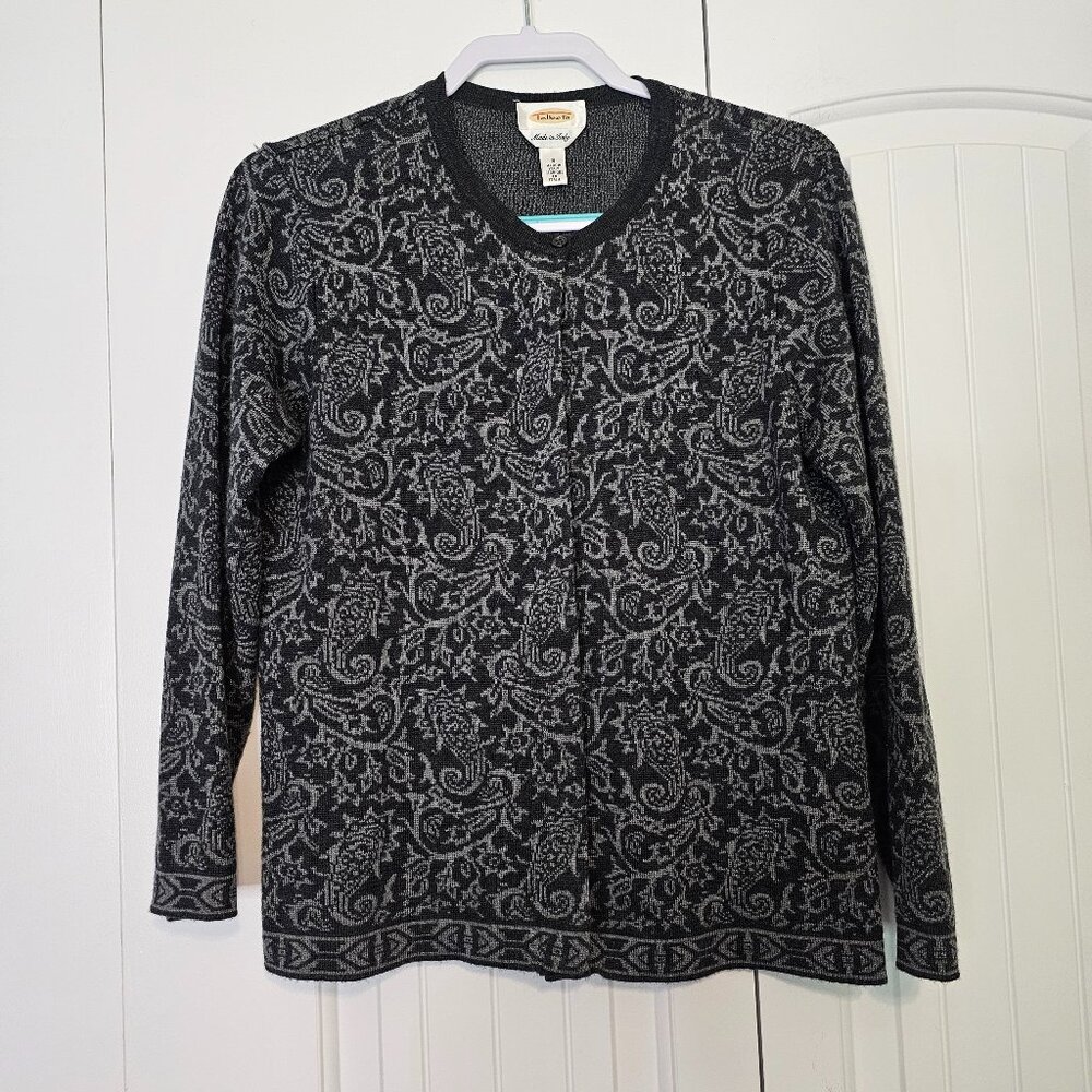 Women's Talbots Merino Wool Paisley Cardigan Sweater Hidden Buttons‎ Gray Size S
